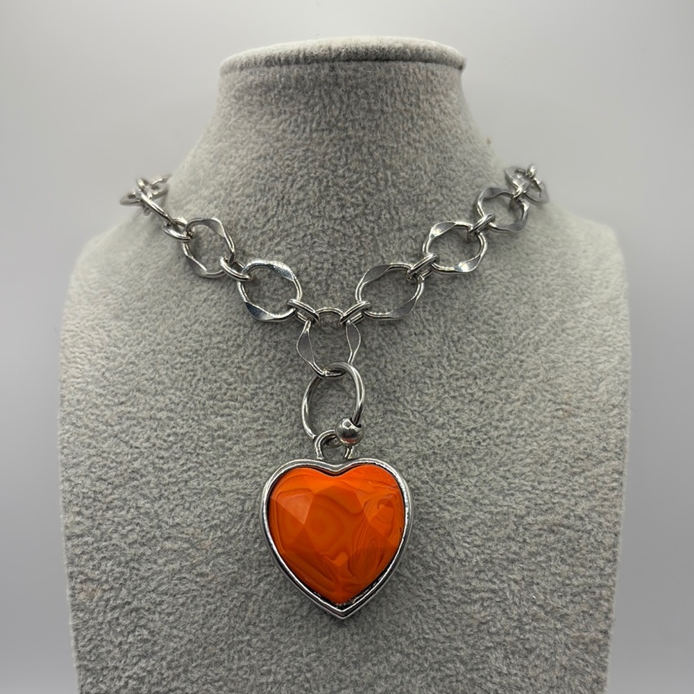 Chunky Bold Silver Necklace with Glass Orange Heart Pendant